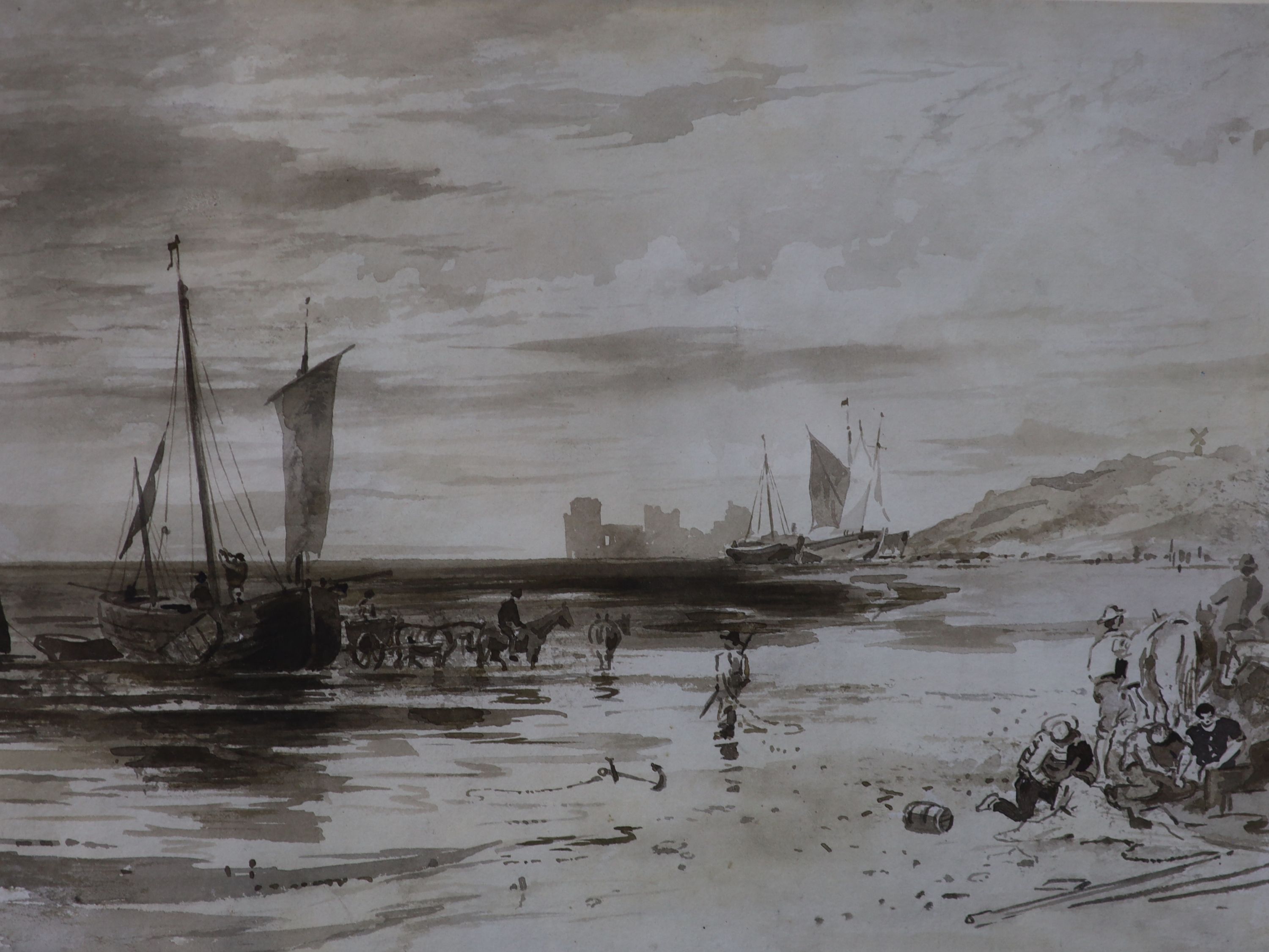 19th century English School, monochrome watercolour, Fisherfolk on the beach, 22 x 29.5cm